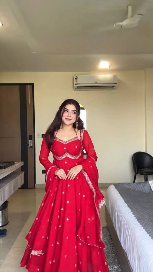 Red Chilli Slit Anarkali Premium Suit Set | Festive & Party Wear
