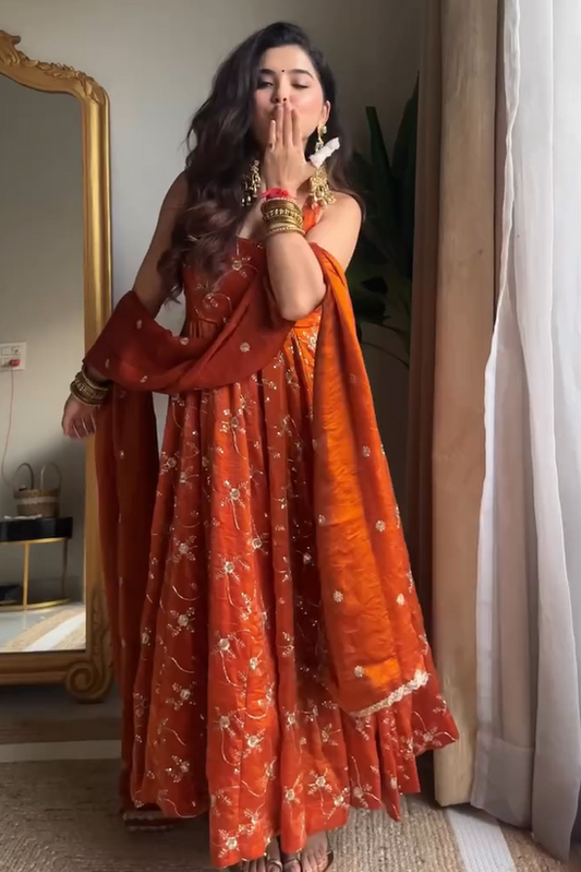 Classy Orange Pure Tissue Silk Anarkali Set with Hand Embroidery