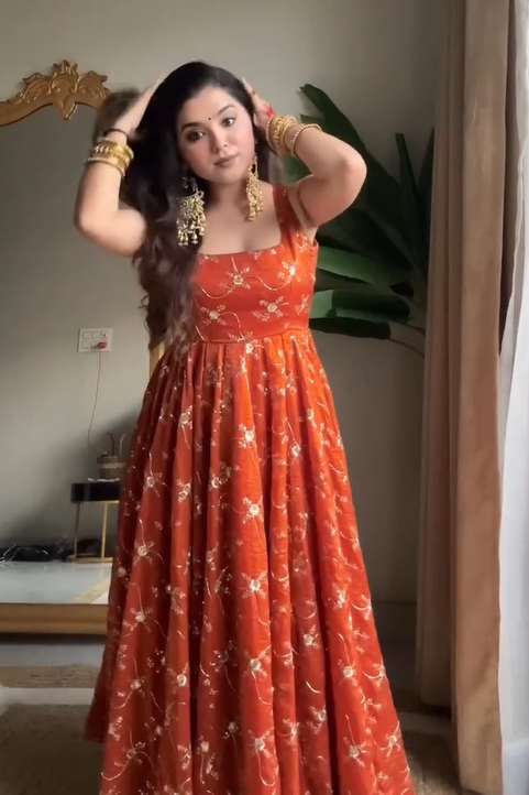 Classy Orange Pure Tissue Silk Anarkali Set with Hand Embroidery