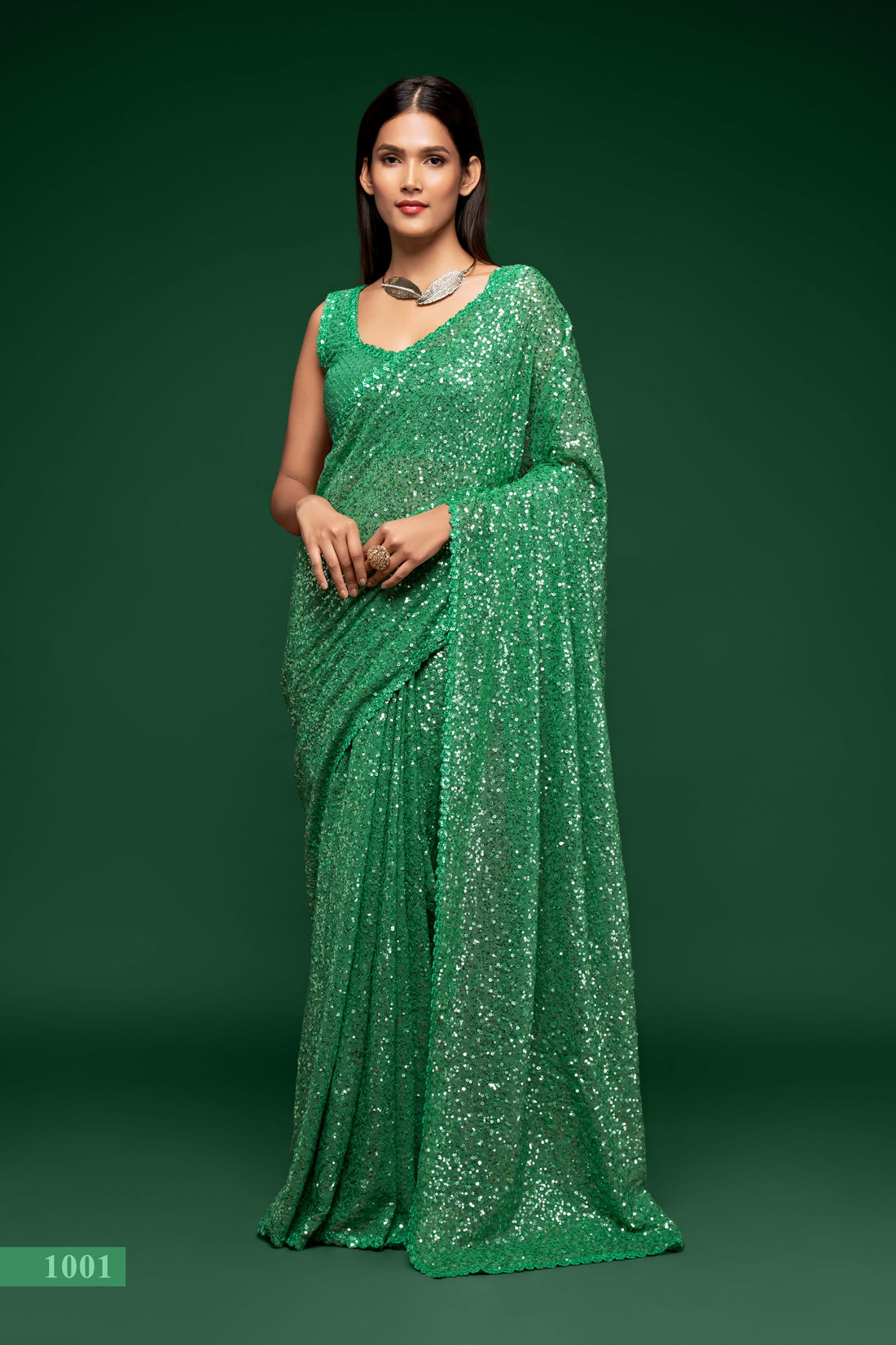 Emerald Green Sequin Work Party Wear Saree