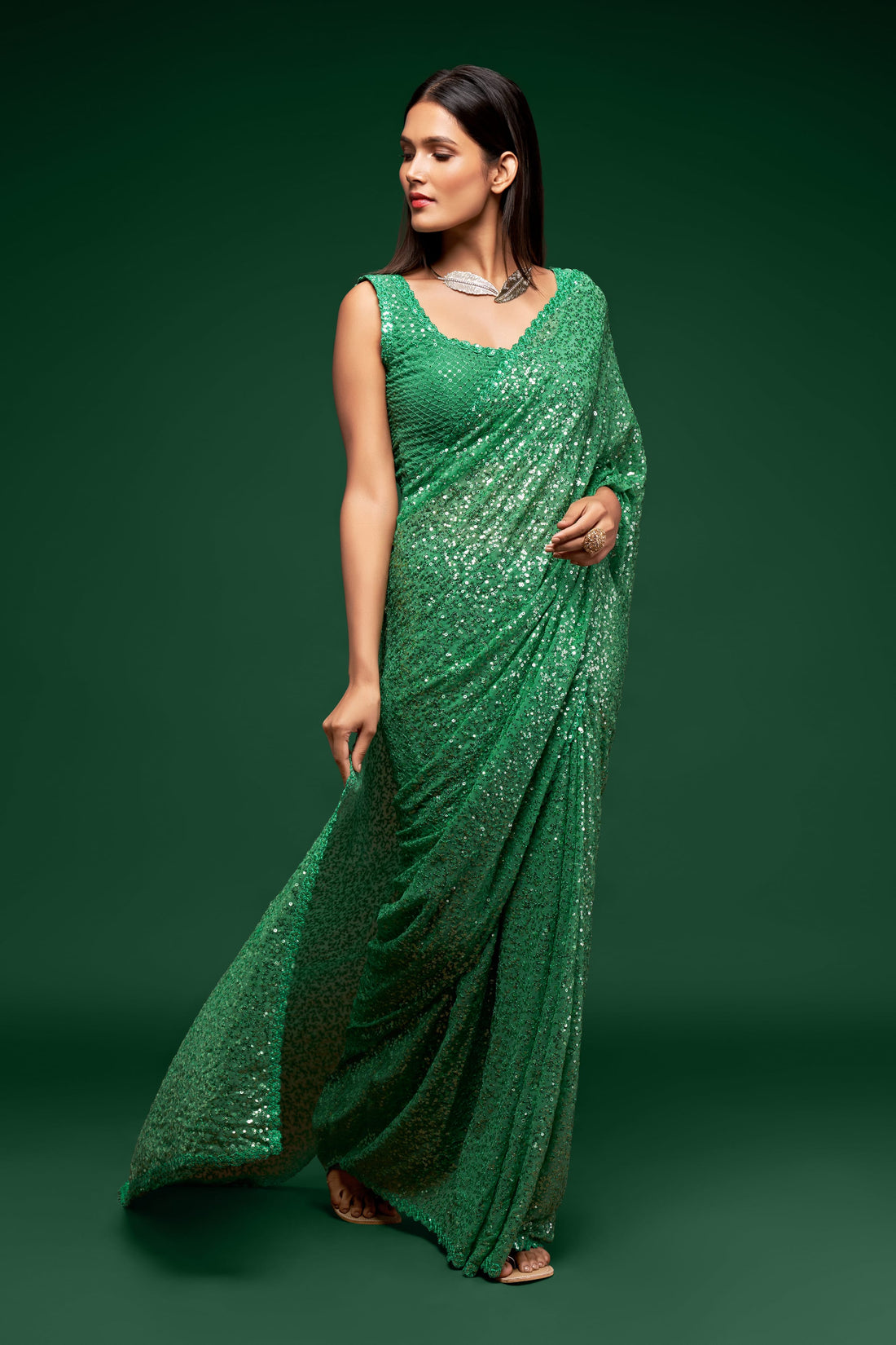 Emerald Green Sequin Work Party Wear Saree