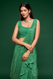 Emerald Green Sequin Work Party Wear Saree