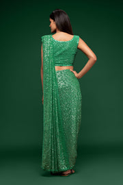 Emerald Green Sequin Work Party Wear Saree