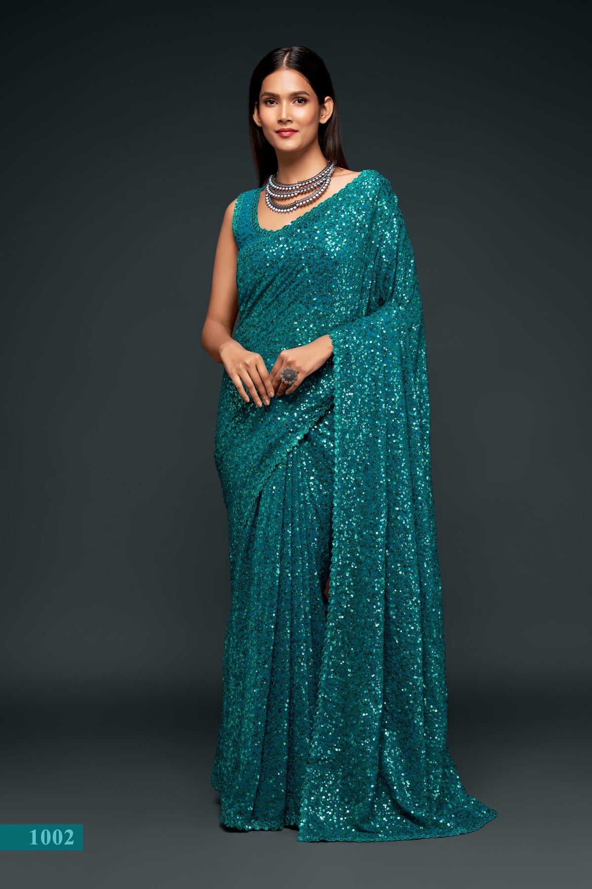 Teal Blue Sequin Work Party Wear Saree