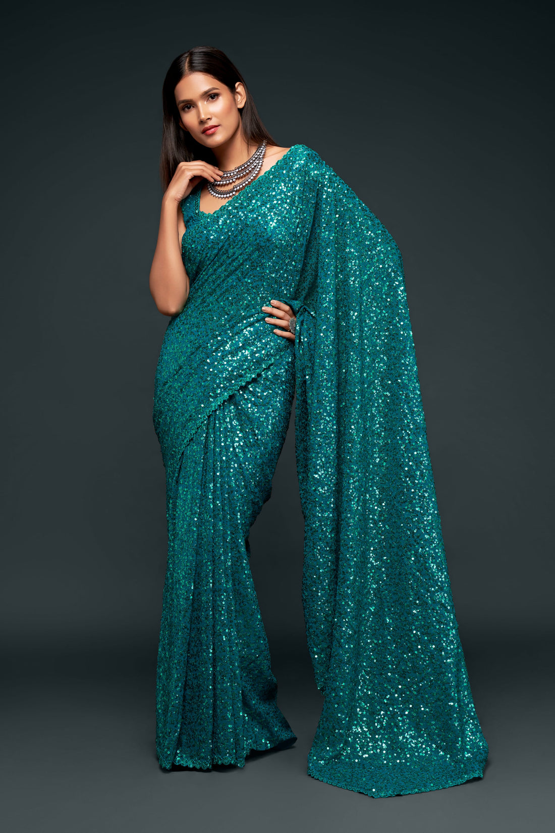 Teal Blue Sequin Work Party Wear Saree