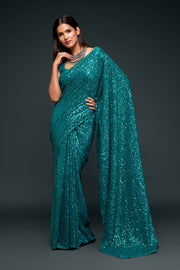 Teal Blue Sequin Work Party Wear Saree
