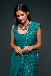 Teal Blue Sequin Work Party Wear Saree