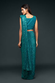 Teal Blue Sequin Work Party Wear Saree