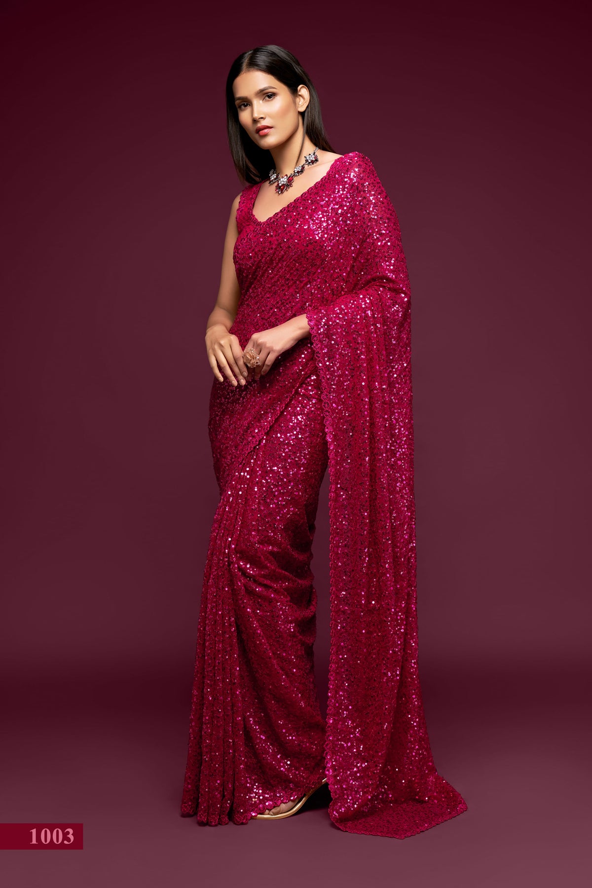 Rani Pink Sequin Work Party Wear Saree