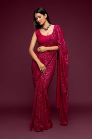 Rani Pink Sequin Work Party Wear Saree