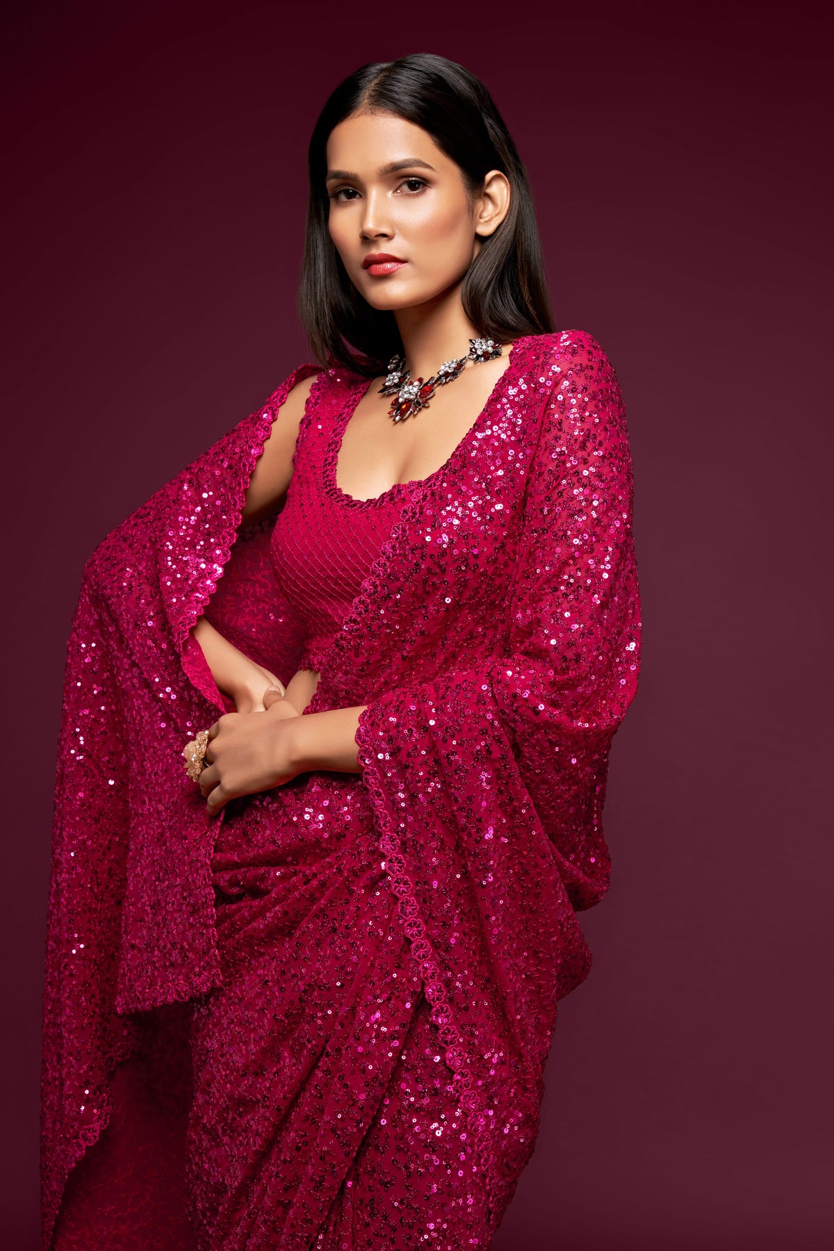 Rani Pink Sequin Work Party Wear Saree