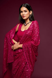 Rani Pink Sequin Work Party Wear Saree