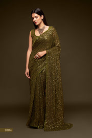 Olive Green Sequin Work Party Wear Saree