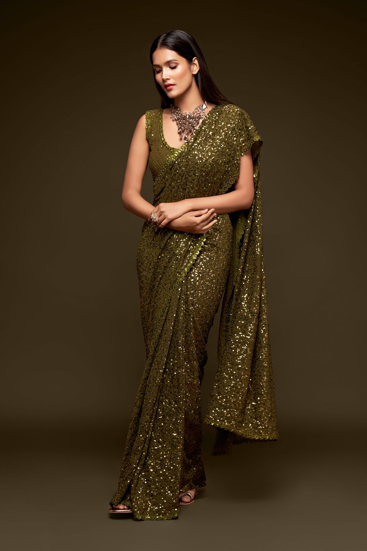 Olive Green Sequin Work Party Wear Saree