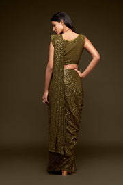 Olive Green Sequin Work Party Wear Saree