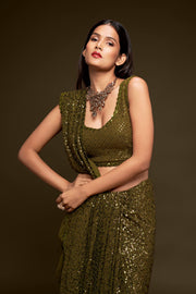 Olive Green Sequin Work Party Wear Saree