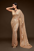 Champagne Gold Sequin Work Party Wear Saree