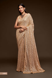 Champagne Gold Sequin Work Party Wear Saree