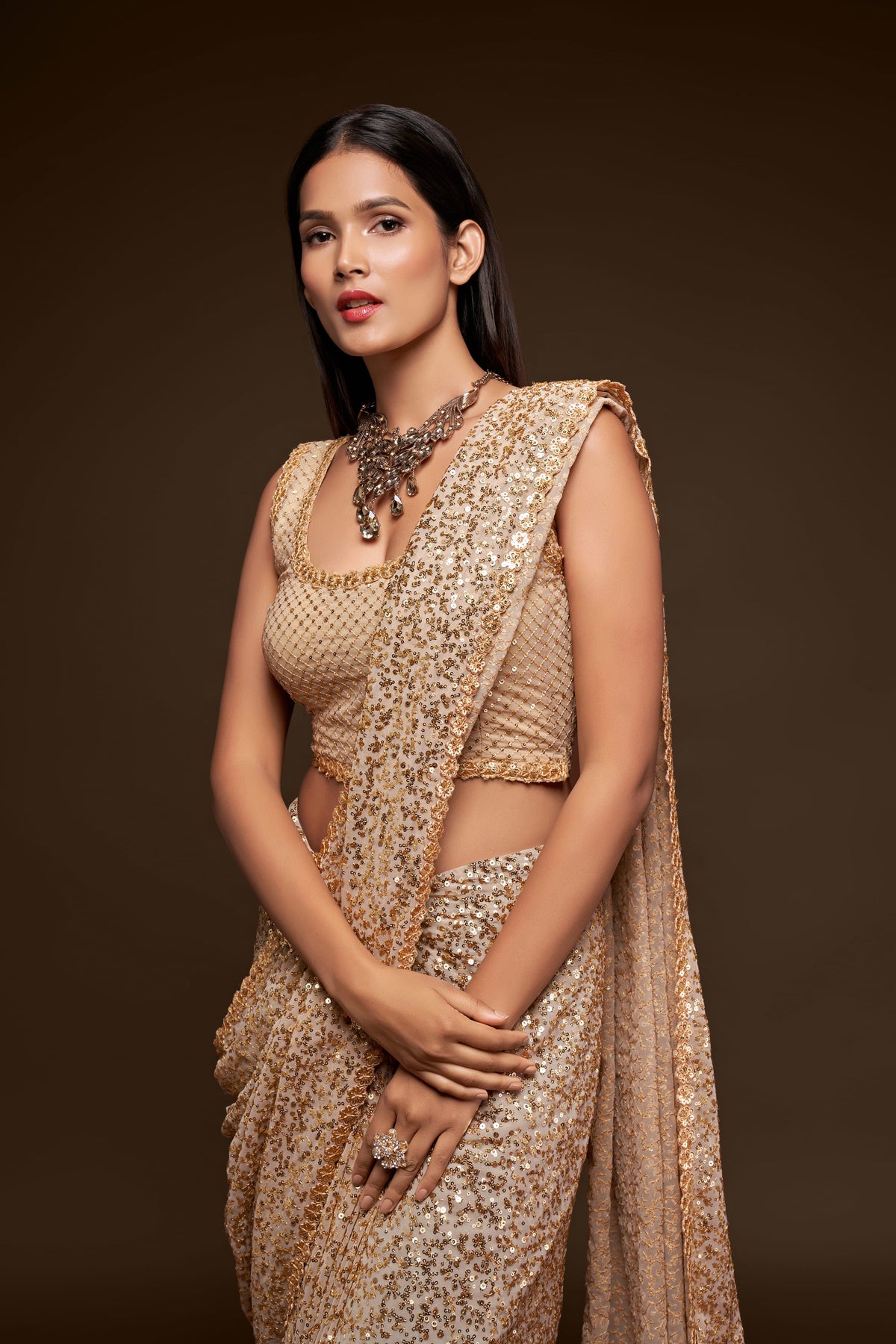 Champagne Gold Sequin Work Party Wear Saree