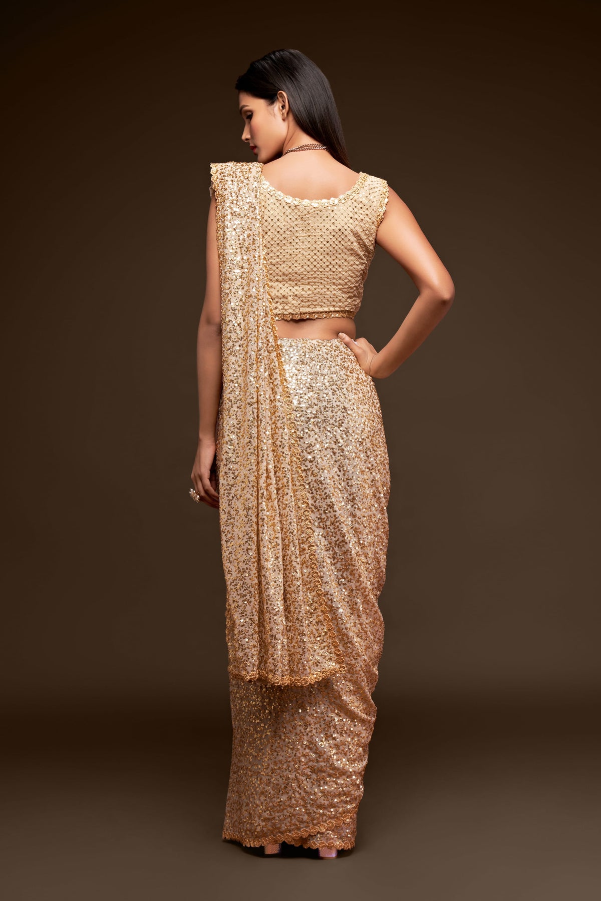 Champagne Gold Sequin Work Party Wear Saree