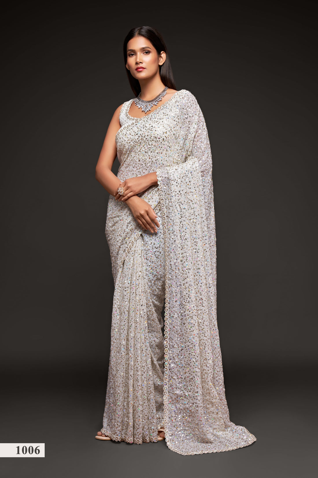 Ivory White Sequin Work Party Wear Saree