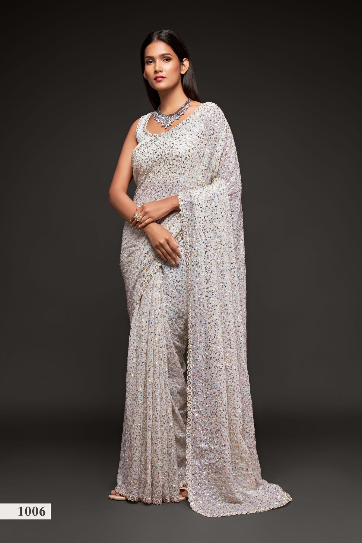 Ivory White Sequin Work Party Wear Saree