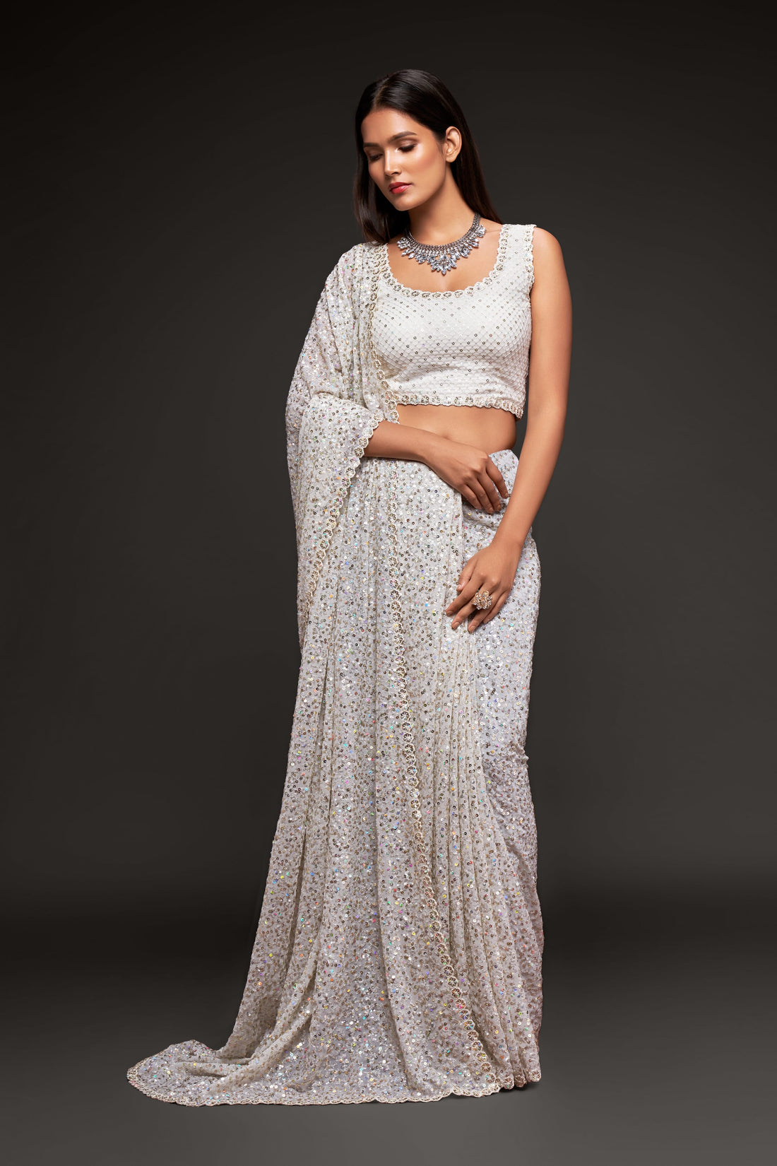 Ivory White Sequin Work Party Wear Saree