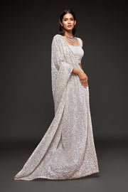 Ivory White Sequin Work Party Wear Saree