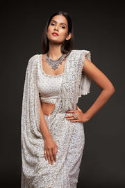 Ivory White Sequin Work Party Wear Saree