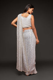 Ivory White Sequin Work Party Wear Saree
