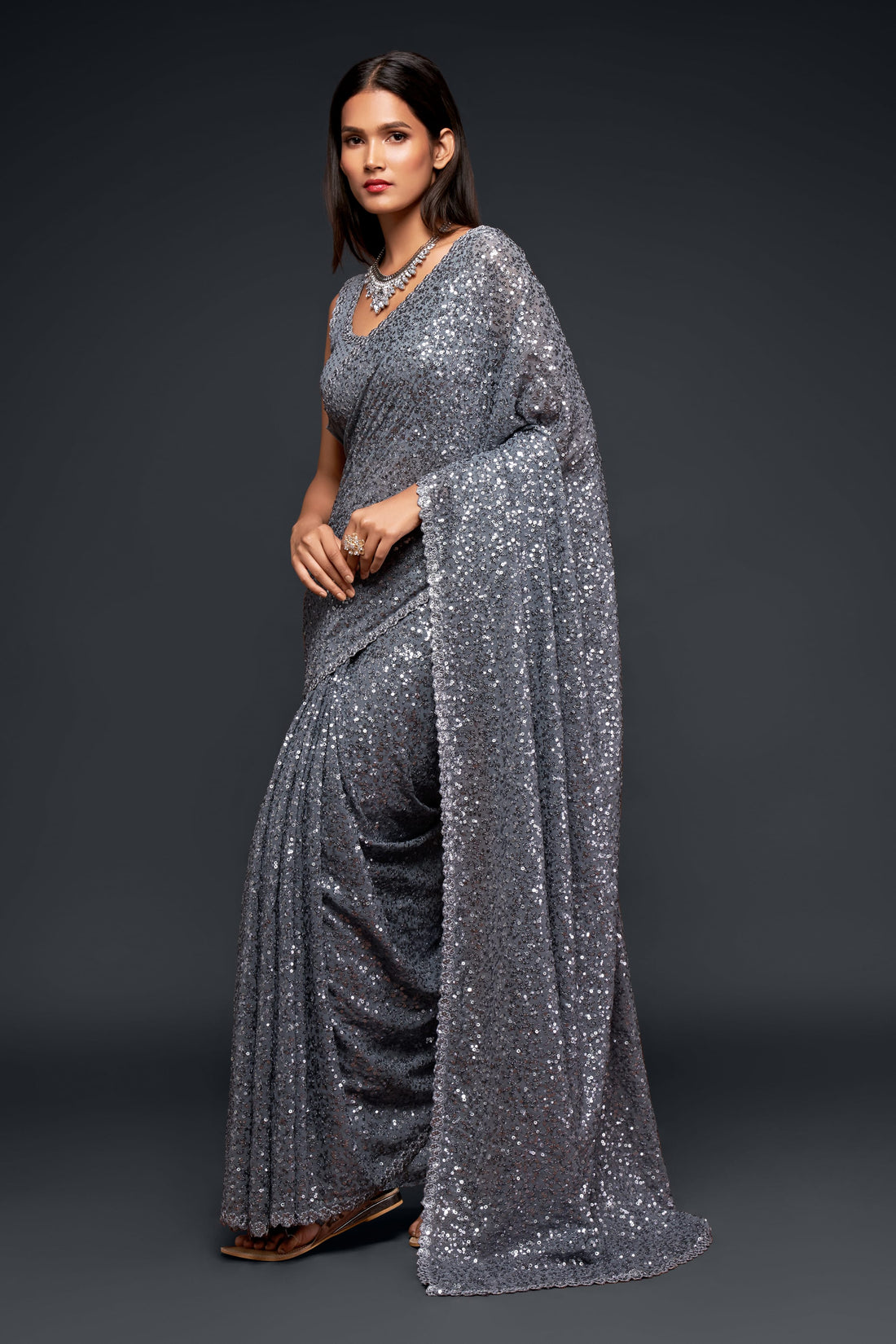 Silver Grey Sequin Work Party Wear Saree