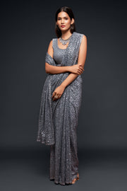 Silver Grey Sequin Work Party Wear Saree
