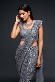Silver Grey Sequin Work Party Wear Saree
