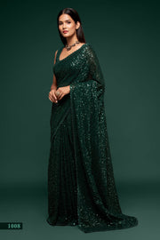 Dark Green Sequin Work Party Wear Saree