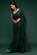 Dark Green Sequin Work Party Wear Saree