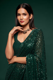 Dark Green Sequin Work Party Wear Saree