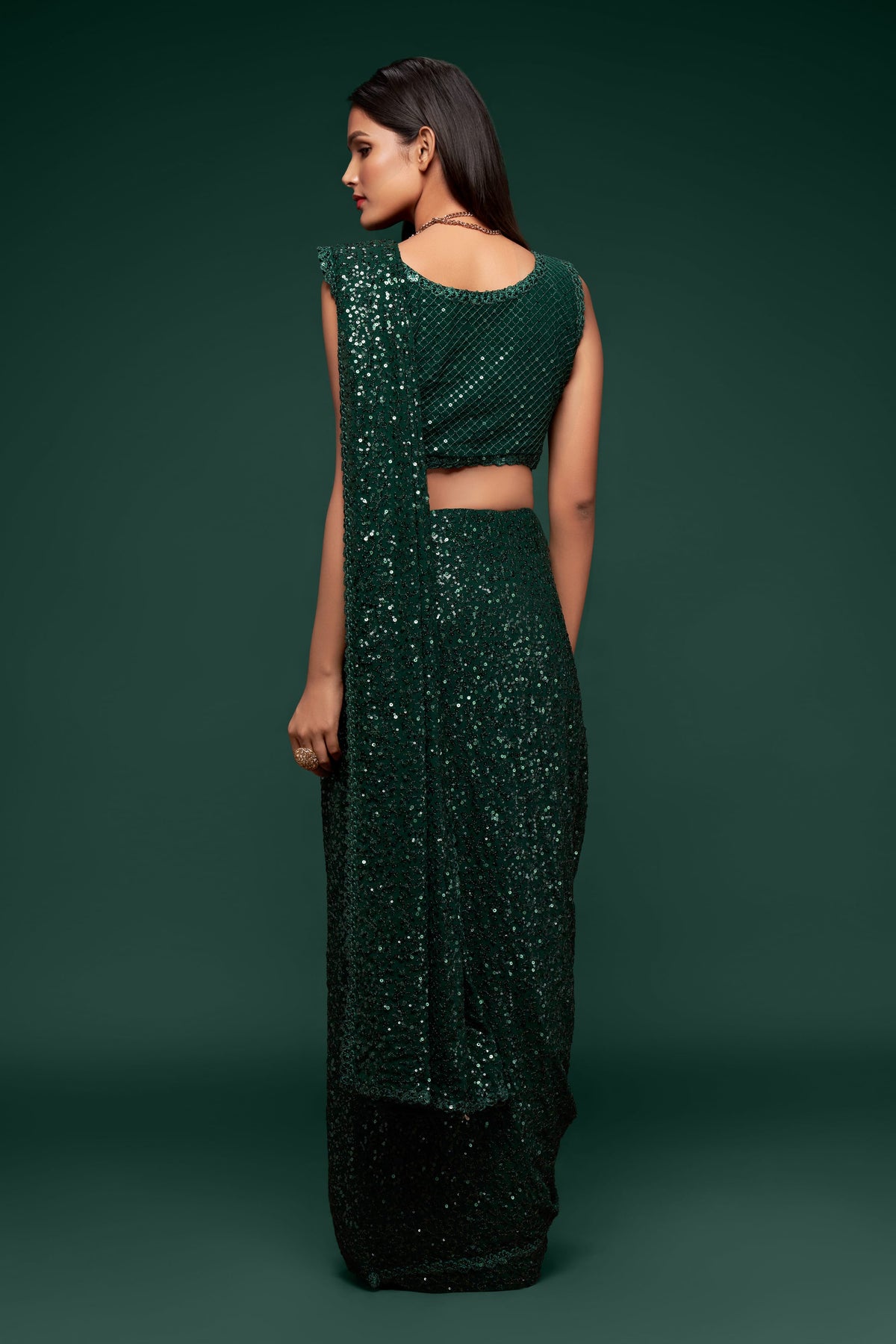 Dark Green Sequin Work Party Wear Saree