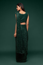 Dark Green Sequin Work Party Wear Saree