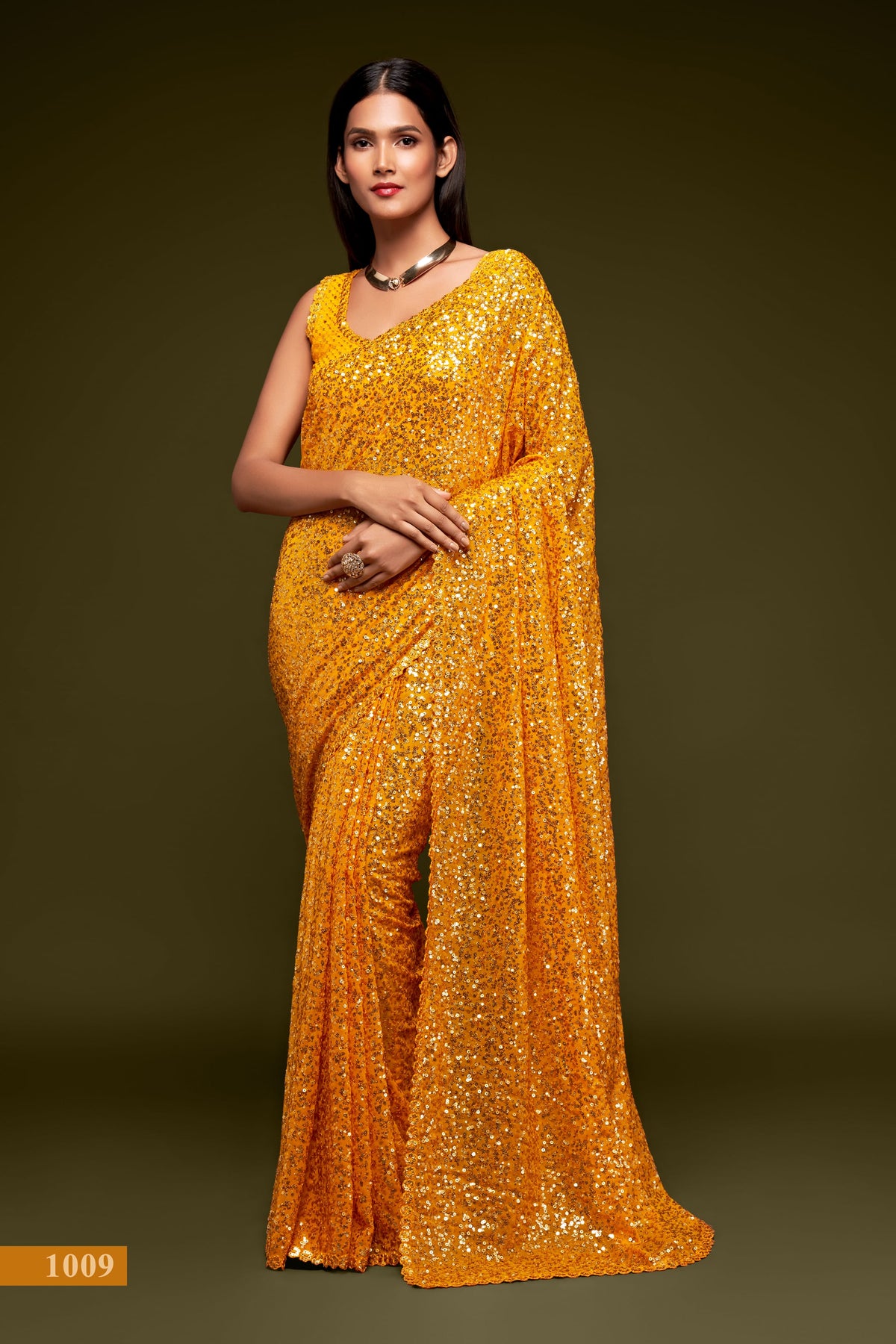 Mustard Yellow Sequin Work Party Wear Saree