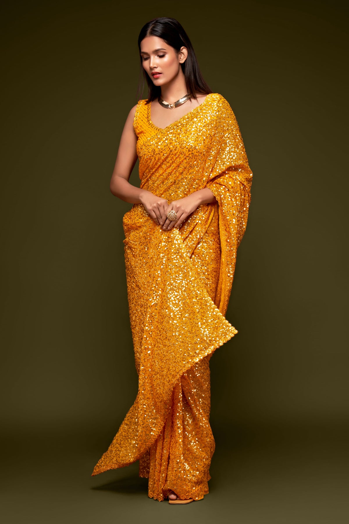 Mustard Yellow Sequin Work Party Wear Saree