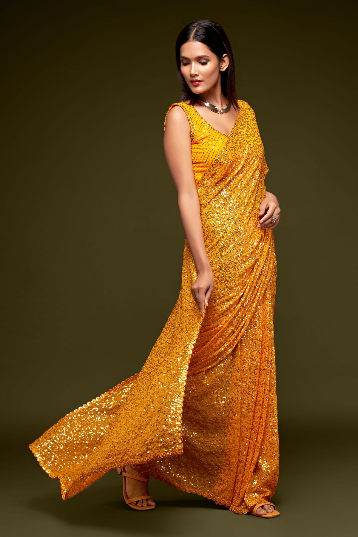 Mustard Yellow Sequin Work Party Wear Saree