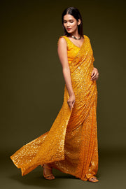 Mustard Yellow Sequin Work Party Wear Saree