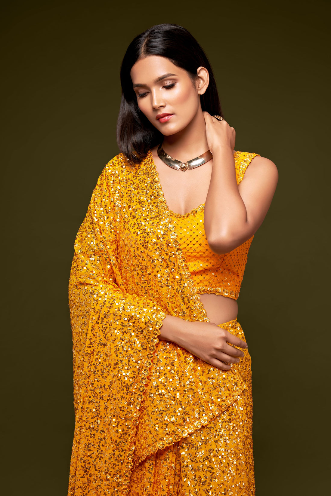 Mustard Yellow Sequin Work Party Wear Saree