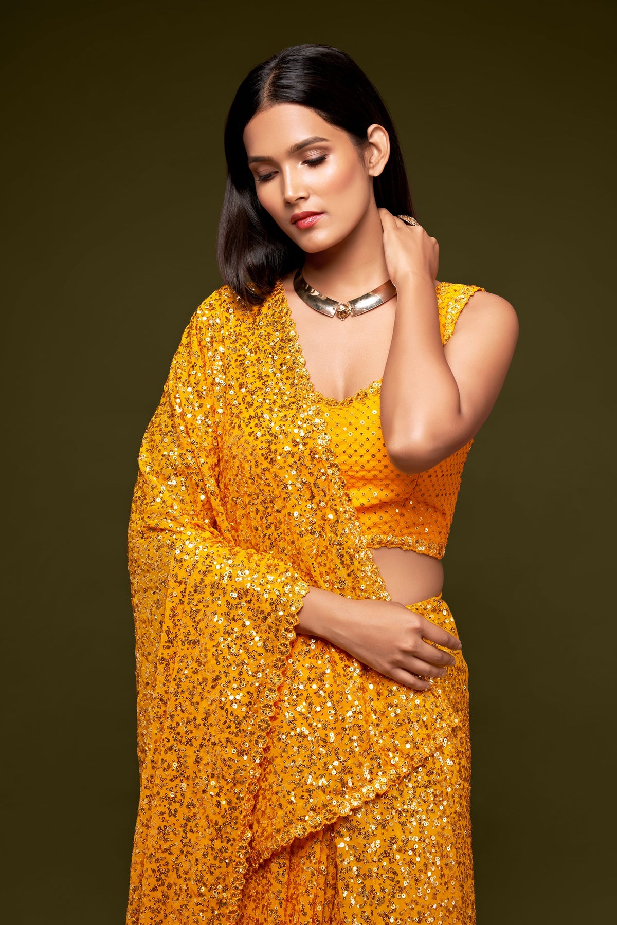 Mustard Yellow Sequin Work Party Wear Saree