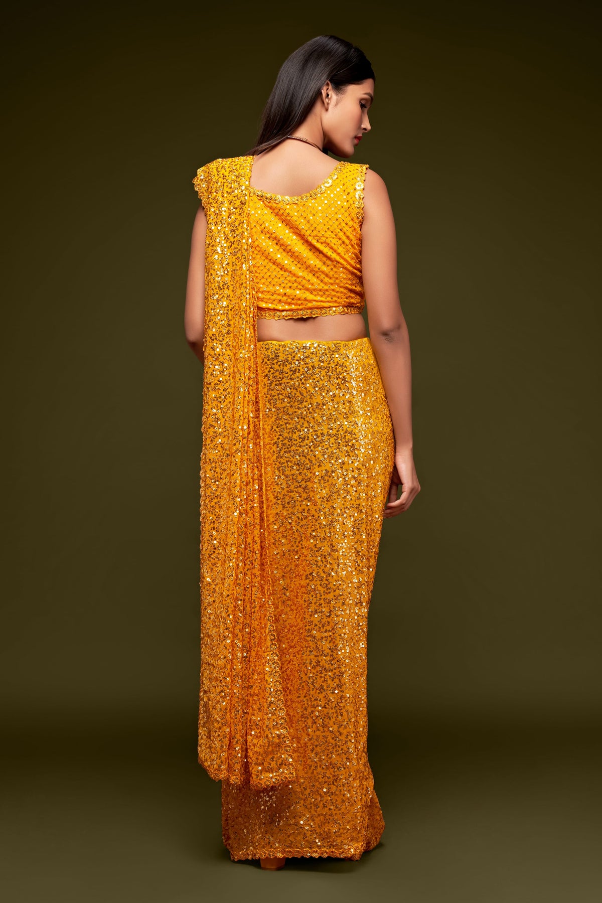 Mustard Yellow Sequin Work Party Wear Saree