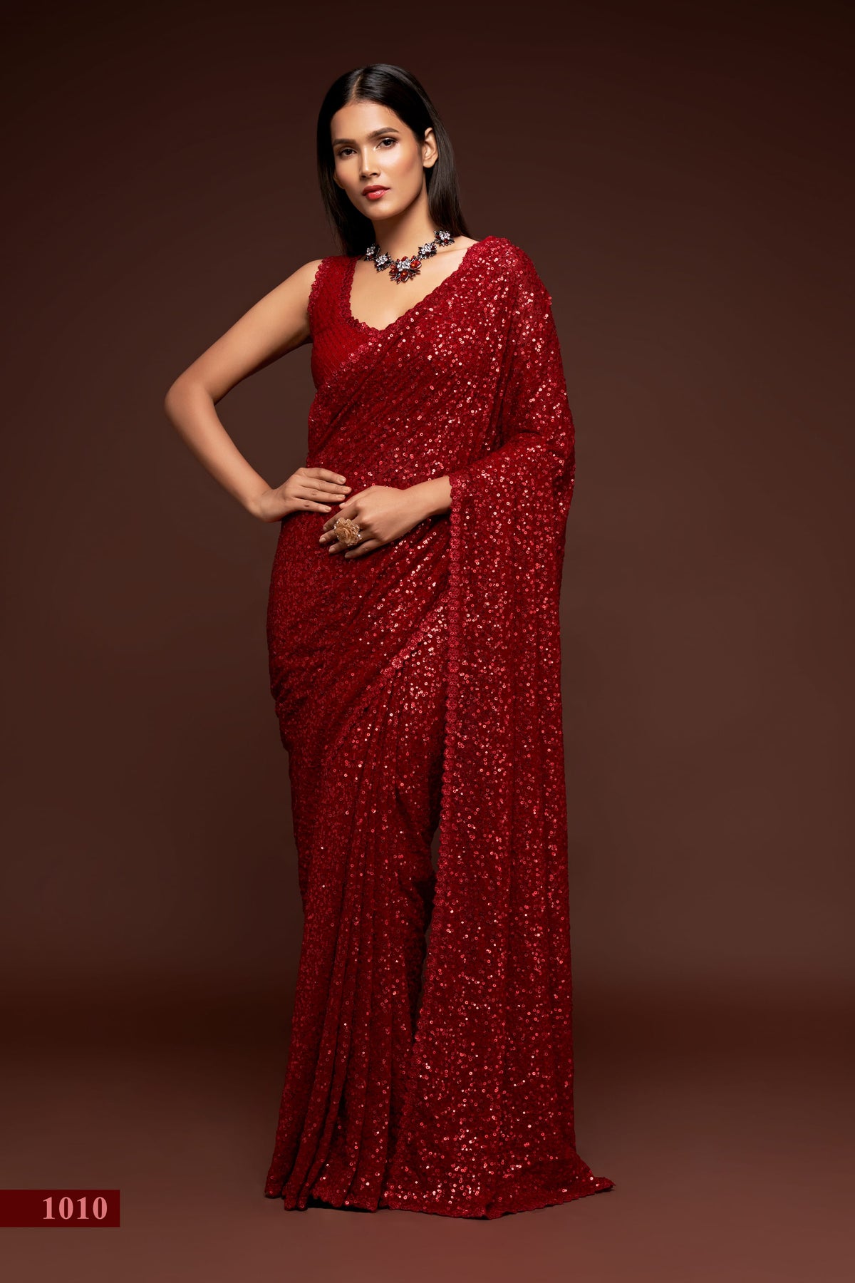 Maroon Red Sequin Work Party Wear Saree