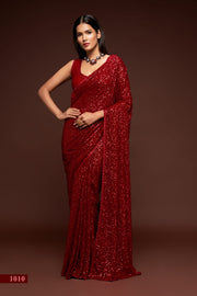 Maroon Red Sequin Work Party Wear Saree