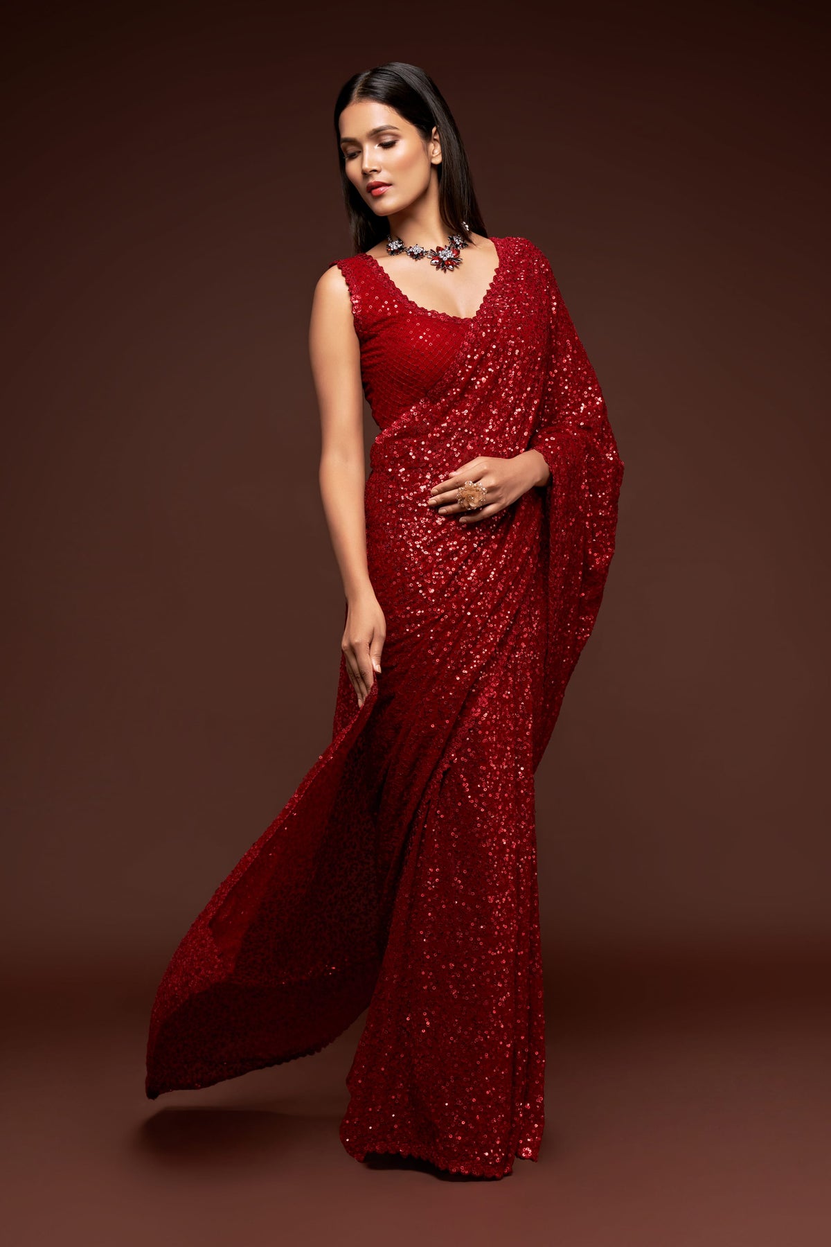 Maroon Red Sequin Work Party Wear Saree