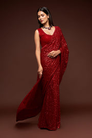 Maroon Red Sequin Work Party Wear Saree