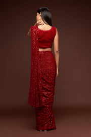 Maroon Red Sequin Work Party Wear Saree